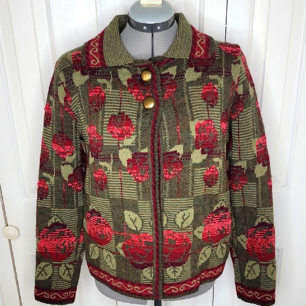 Cherry Lewis Cardigan Sweater Chunky Wool Blend Size Medium Green & Red